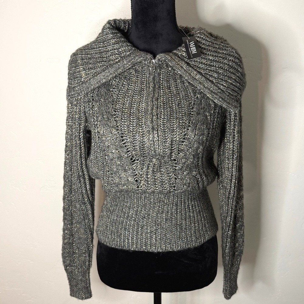 NWT WHBM Metallic Cable Knit Quarter Zip Sweater Gray Sie XS